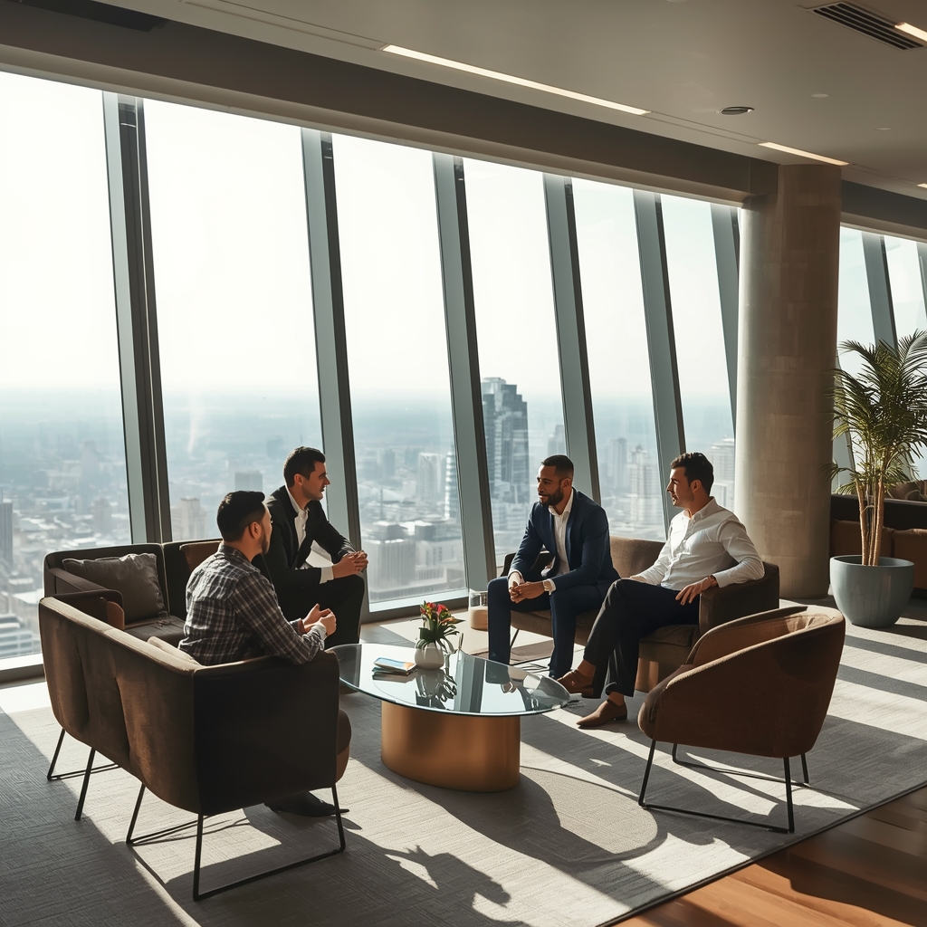A modern office lounge with high-end furniture, featuring a group of professional men in smart casual attire discussing around a low glass table. Sunlight streams through floor-to-ceiling windows looking out over a futuristic city. Premium lifestyle photography. No women.